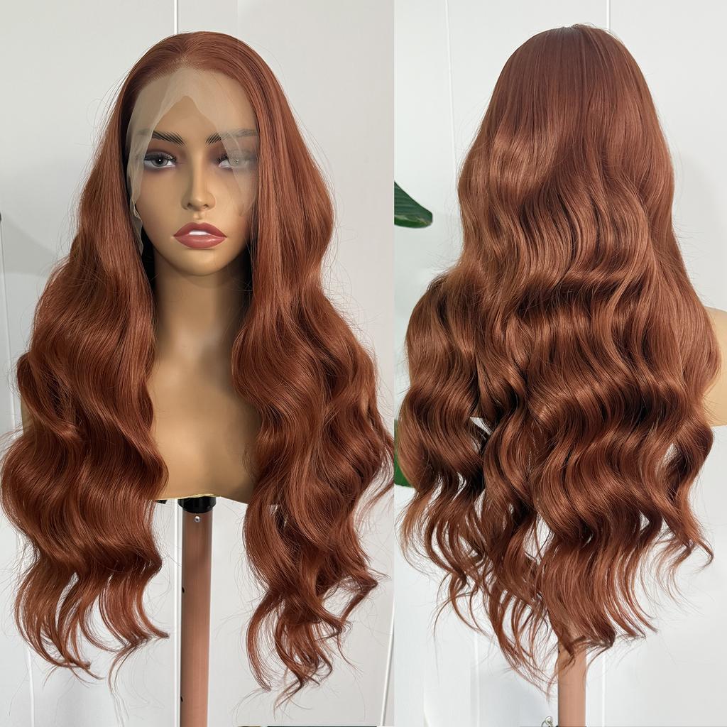 AIMEYA Copper Red Lace Wig Natural Hairline 13x4 Lace Front Wig Heat Resistant Synthetic Hair Long Body Wave Daily Wear Wigs