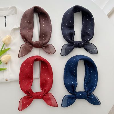 1116 New Literary and Art Style Polka Dot White Silk Scarf Small Square Scarf Women's Spring and Summer Stacked Fashion Scarf Neck Scarf