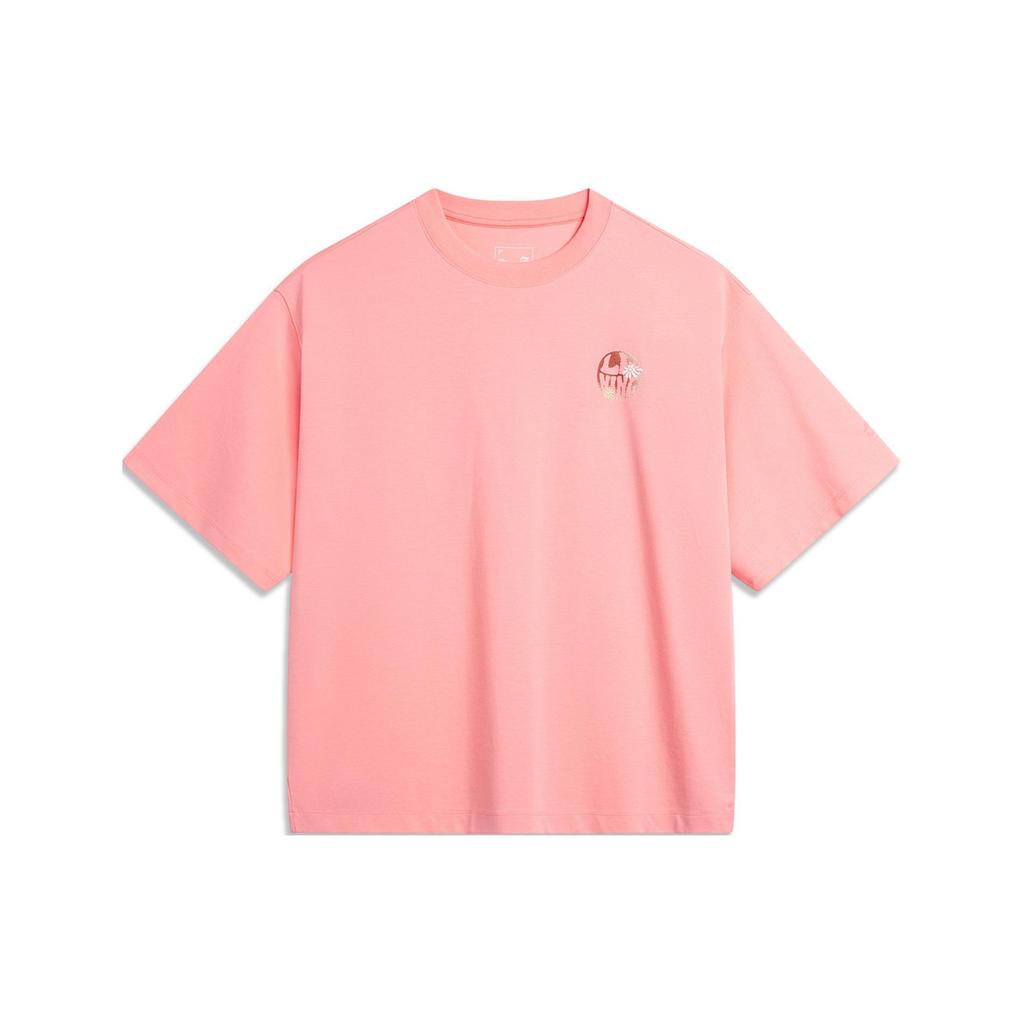 Li-Ning Loose Fit Round Neck Short Sleeve Drop Shoulder T-Shirt Women Tops Camellia-Pink AHSU360-2
