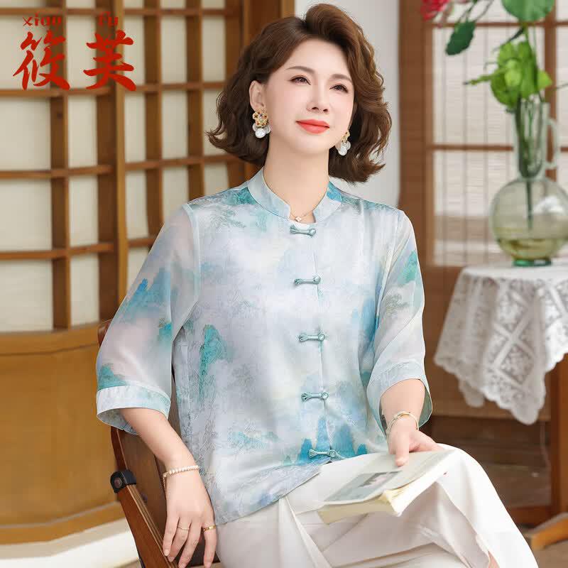 Women s Chinese Style Floral Chiffon T-shirt 3XL