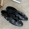 Fashion Spring Metal Rivet Decoration Shallow Mouth Ballet Flats 2025 High Quality Soft Bottom Lacing Flat Shoes Casual Comfy Shoes