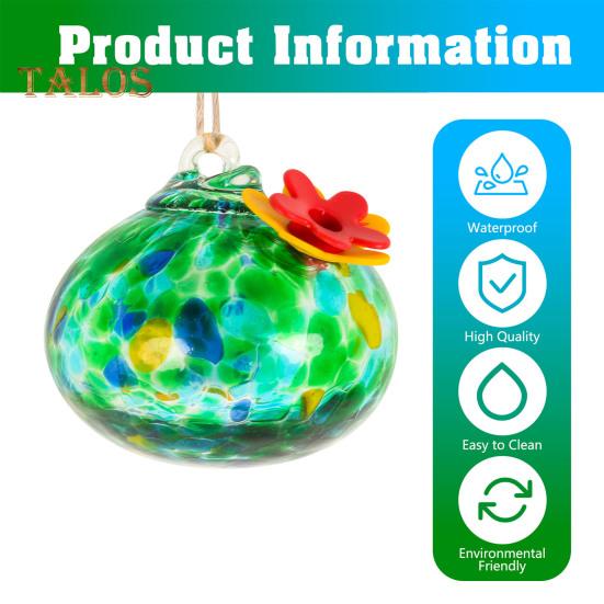 Hand Blown Glass Hummingbird Feeder 2-in-1 Hanging Metal Planter Holder with 6 Small Blown Glass Birdfeeder for Garden Backyard Window Decor