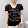 Summer New Short Sleeve Sexy Lace Letter Heart T-shirt Shirt Women Casual V-Neck Hot Diamonds Tees Ladies Elegant Pullover Tops