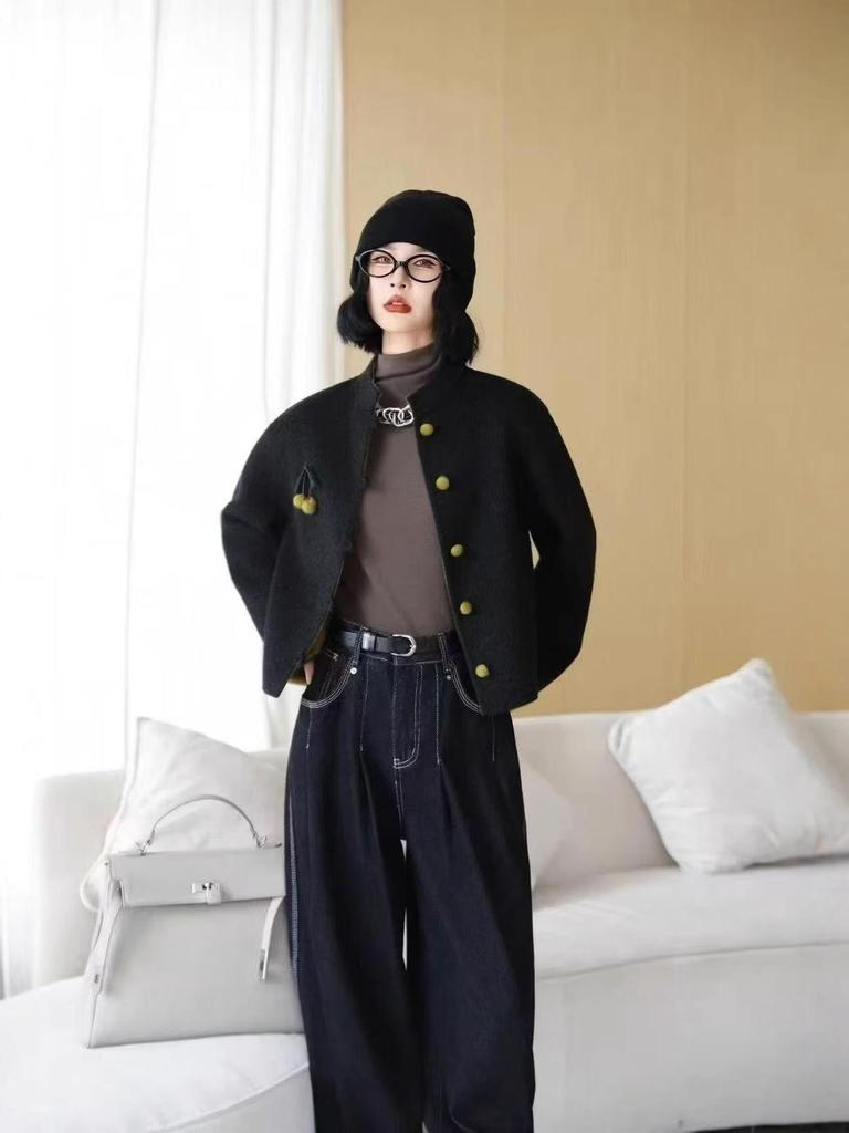 2025 Chinese Style Double-Sided Wool Coat for Women - Short, Elegant, Modern Design for Petite Frames