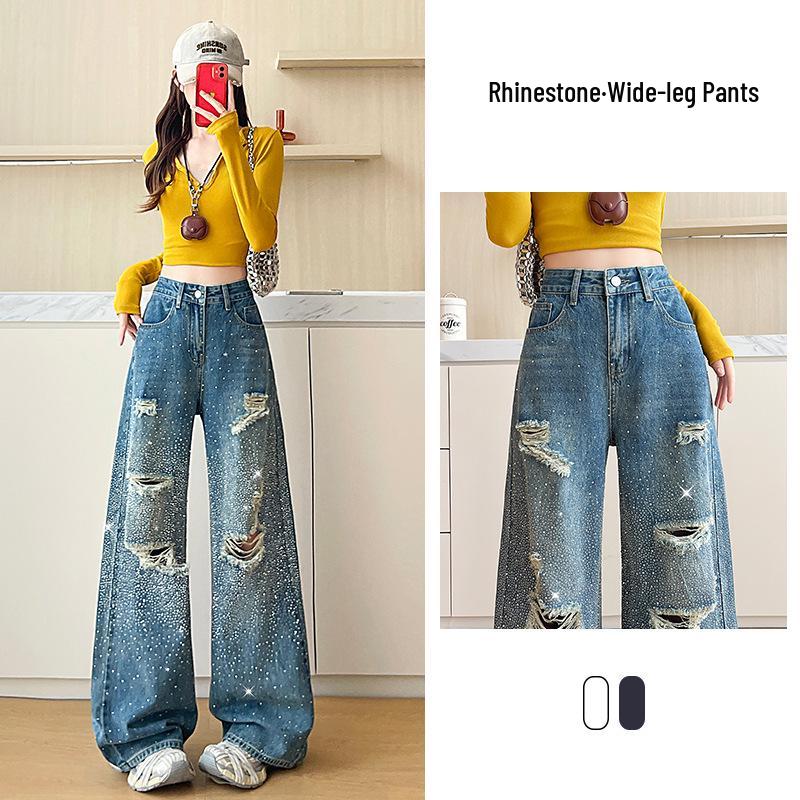 Starry Sky Rhinestone Ripped Floor-Length Jeans for Women