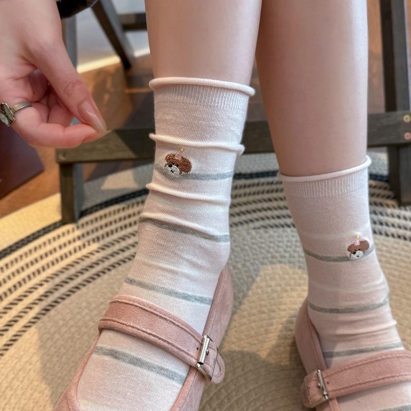 Children's Spring/Summer Collection Cute Cartoon Embroidered Socks - Women's Mid-Calf Socks with Boneless Trendy Stripes and Layered Design