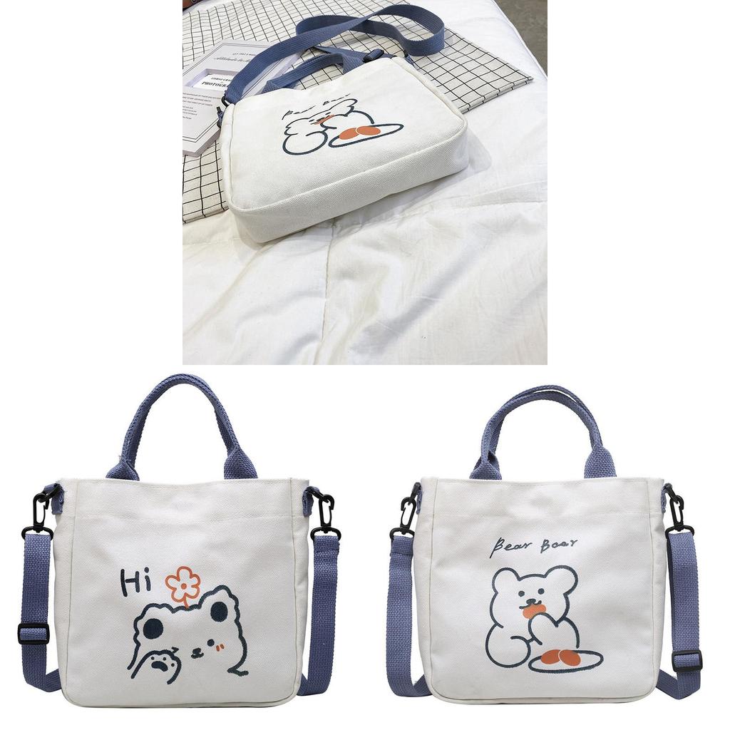 Canvas Tote Bag With Cartoon Bear Print And Magnetic Closure For Daily Use