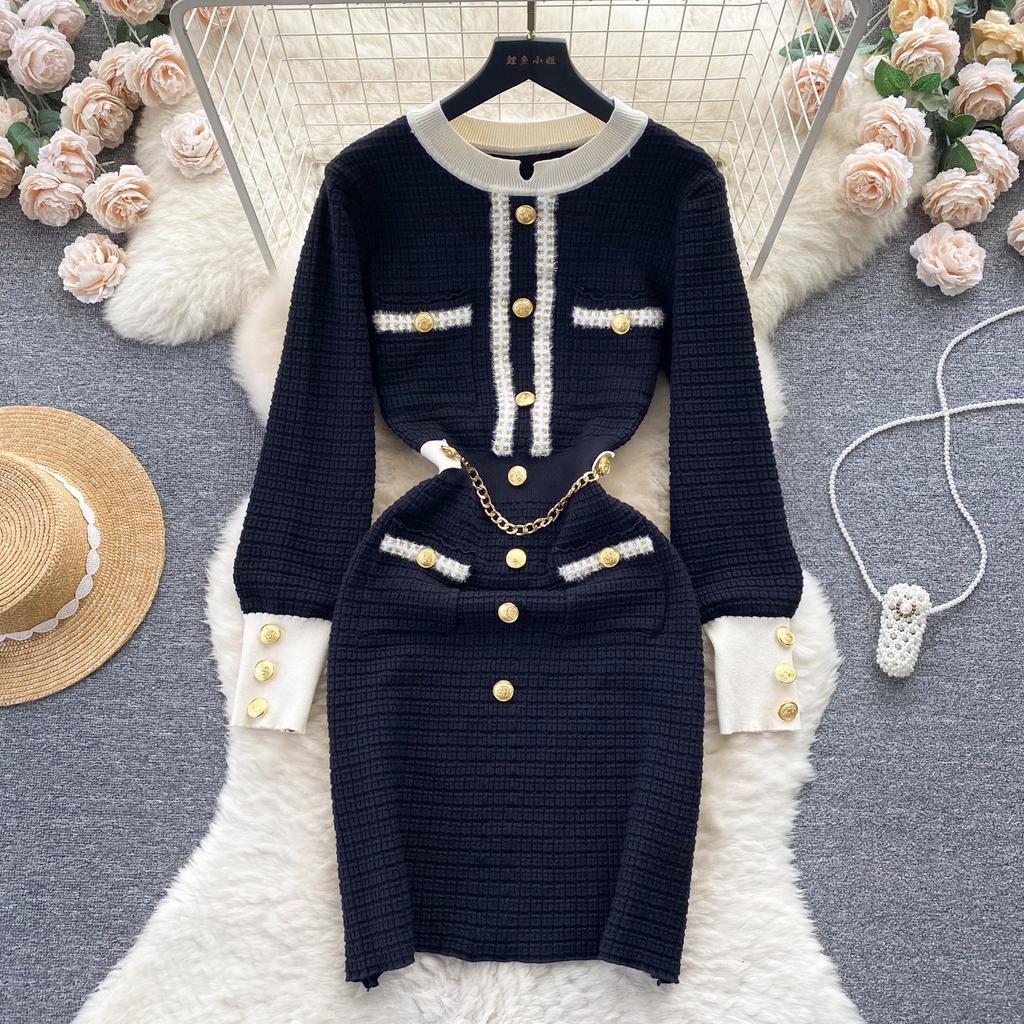 Autumn Women O Neck Long Sleeves Buttons Chain Pockets Knitted Sweater Dress Elegant Skinny Sheath Bodycon Dresses