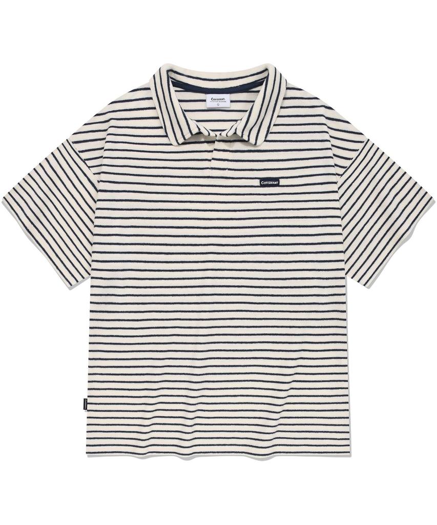 COVERNAT Terry Stripe Open Collar T-Shirt Navy
