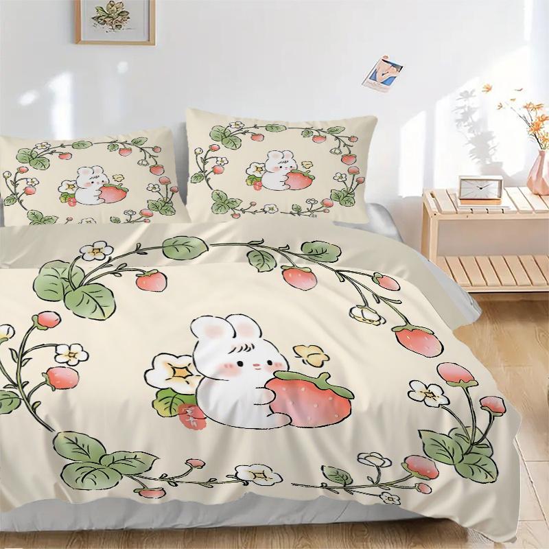 3pcs Cute Bunny & Strawberry Bedding Set - Includes 1 Quilt Cover and 2 Pillowcases, Comfortable Bedding with Stylish Design for Bedroom, Ma