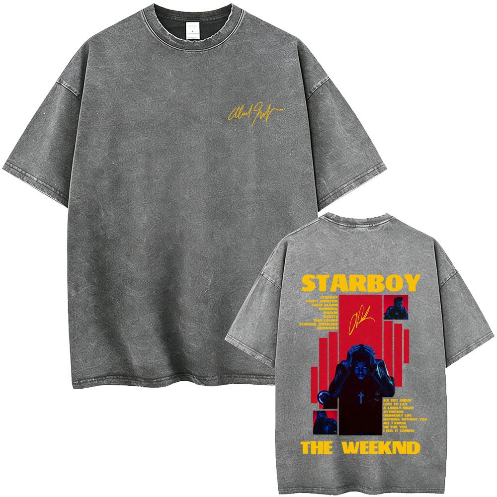 Vintage Gewaschen The Weeknd Starboy Album Grafik T-Shirt Herren Damen Hip Hop Mode Popmusik T-Shirts Männlich Lässig Baumwoll-T-Shirts