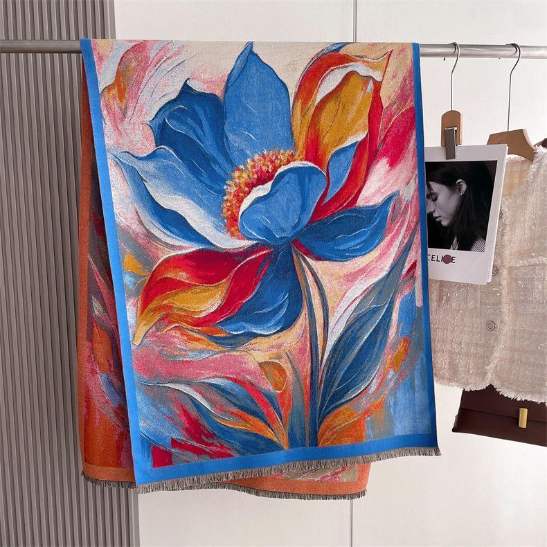 2024 Sonbahar/Kış Yeni Kalınlaştırılmış Sıcak Çift Taraflı İki Ton Püskül Taklit Kaşmir Eşarp, Yüksek Dereceli Şal Boyun