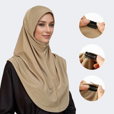 2 Stück Dehnbares Baumwoll-Jersey-Hijab Passendes Nadelset Muslimische Frauen Sofort Tragefertiger Hijab Mit Clips Malaysia Kopftücher Kappen