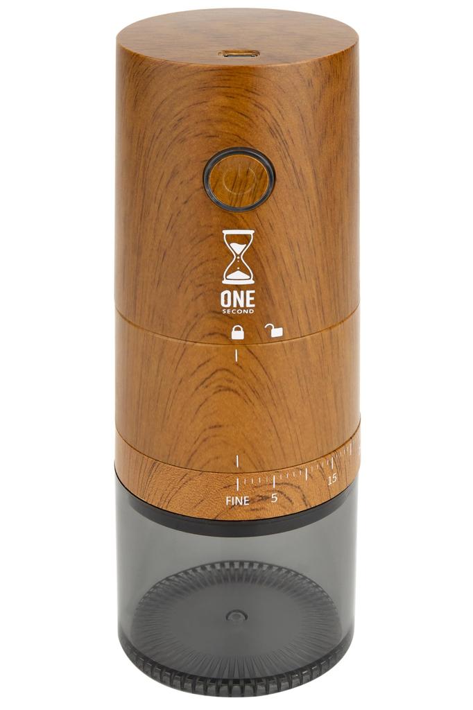 Amplimle Cafe Electric Coffee 39 Wood Grain ONE SECOND [Easy Feel] Grinder, Levels, Mortar-Style, Auto-Shutoff, Cordless, Washable, Finish,