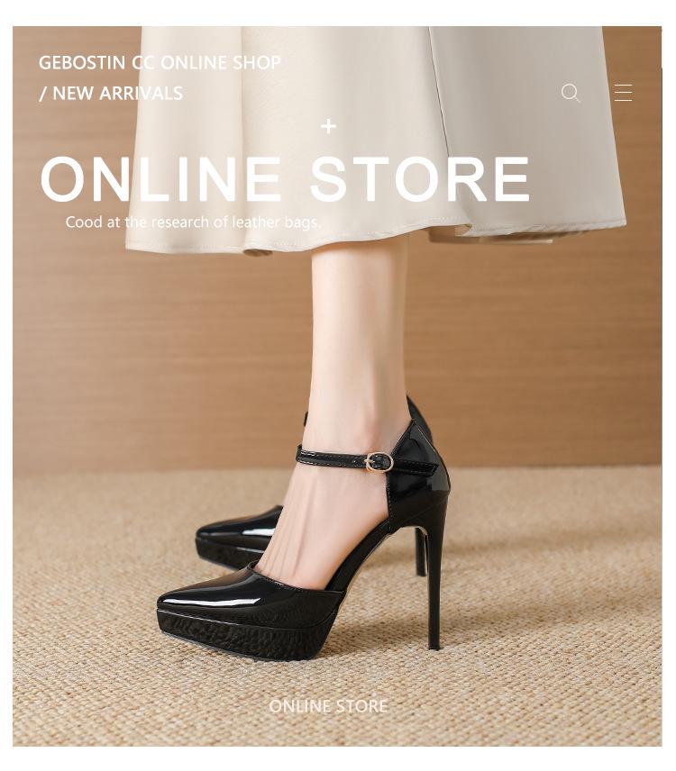 721-3 Black Patent Leather 12cm Stiletto Heels, Pointed Toe, Waterproof Platform, Fashionable Nightclub/Work Shoes for Women.