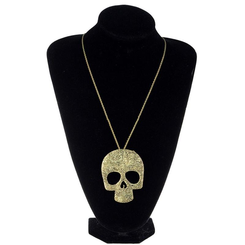Women's Vintage Gothic Carved Flowers Skull Pendant Chain Necklace Long Sweater Chain Fashion Jewelr