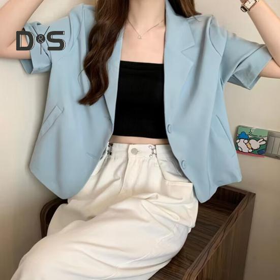 Dámské sako s klopami, krátkým rukávem a volným střihem, s kapsami, jednobarevné, volného střihu, letní business kabát