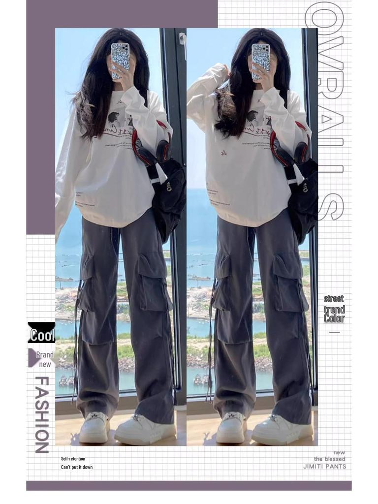Petite High Waist Gray Wide Leg Cargo Pants for Women - Spring/Summer 145cm Length