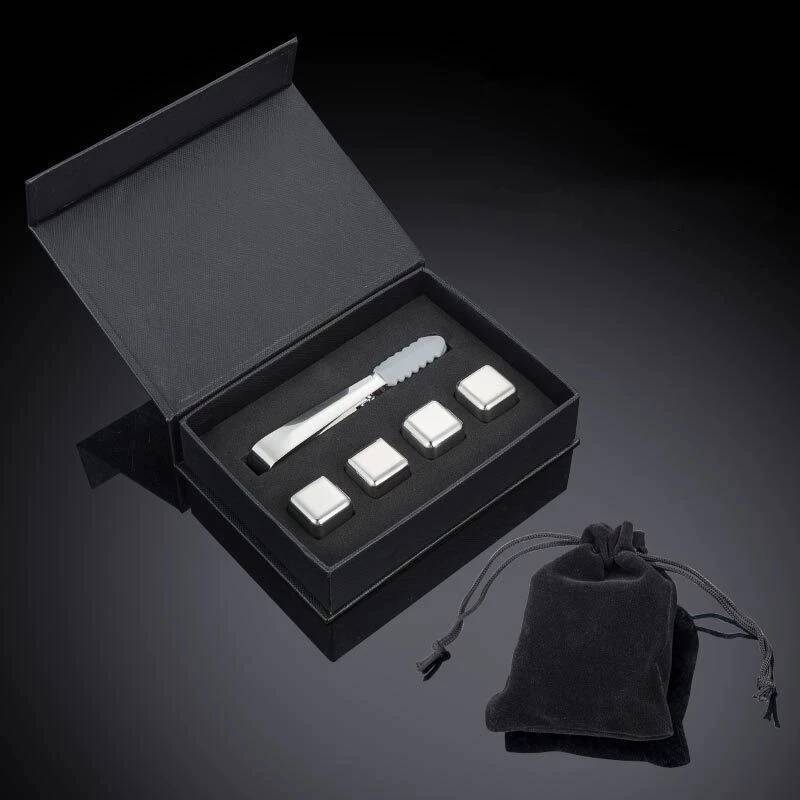304 / 316 Stainless Steel Ice Cubes Anti Slip Clip Set Golden Reusable Metal Whisky Ice Cake Whiskey Wine Stone Gift Box Packing