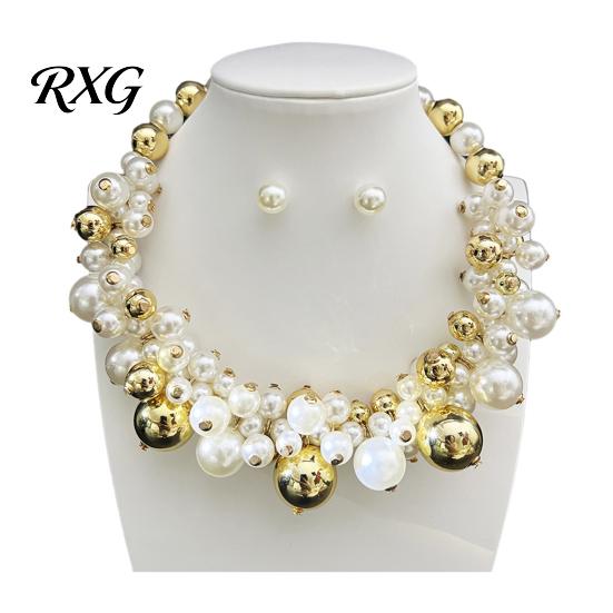 Chunky Faux Pearl Jewelry 1 Set Jewelry, Beaded Choker And Vintage Necklace Earrings, Metallic for Women Dinner Parties Wedding