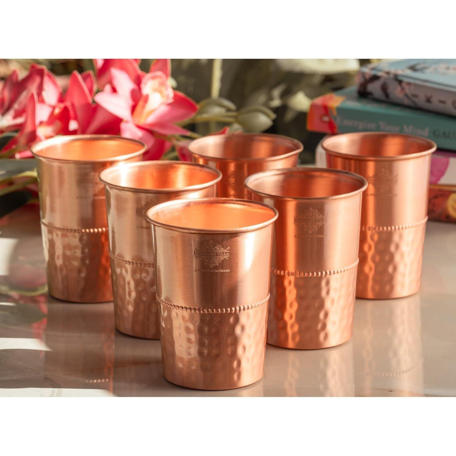 

Copper Glass with Half Lacquer Hammer Design – 275 ML, Copper Drinkware for Home, Office, Travel, and Gifting, Set of 6
