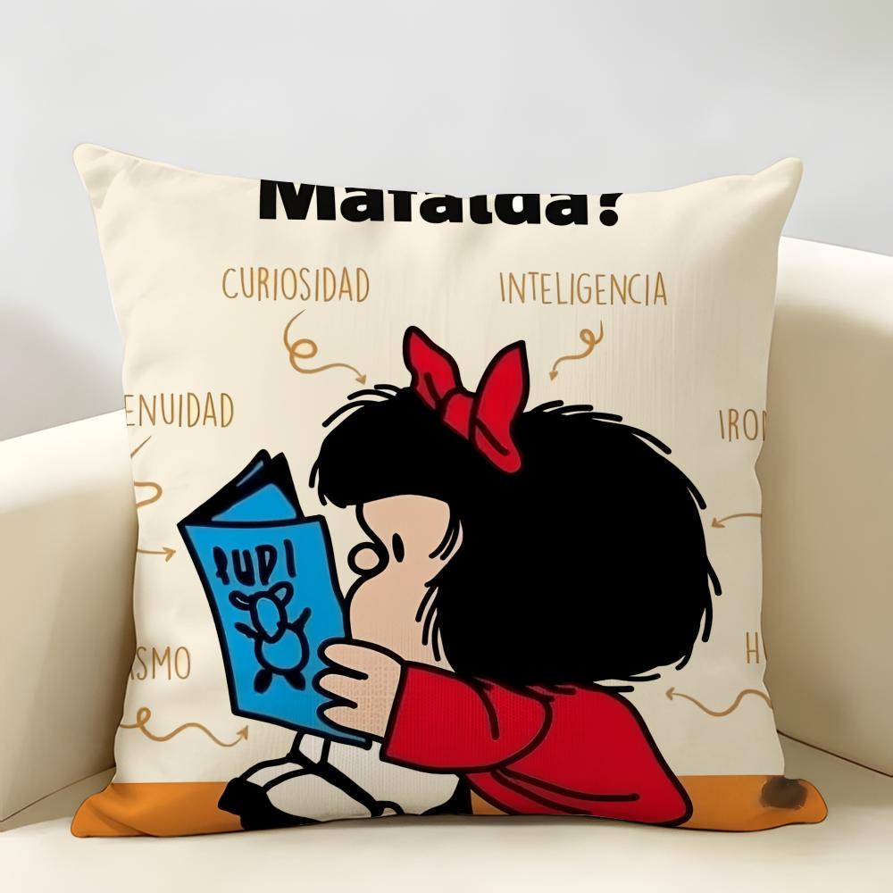 MMafalda Cartoon Cute Cushion Cover Natural Linen Organic Fabric DoubleSided Printing Room Sofa Decor Pillow Case