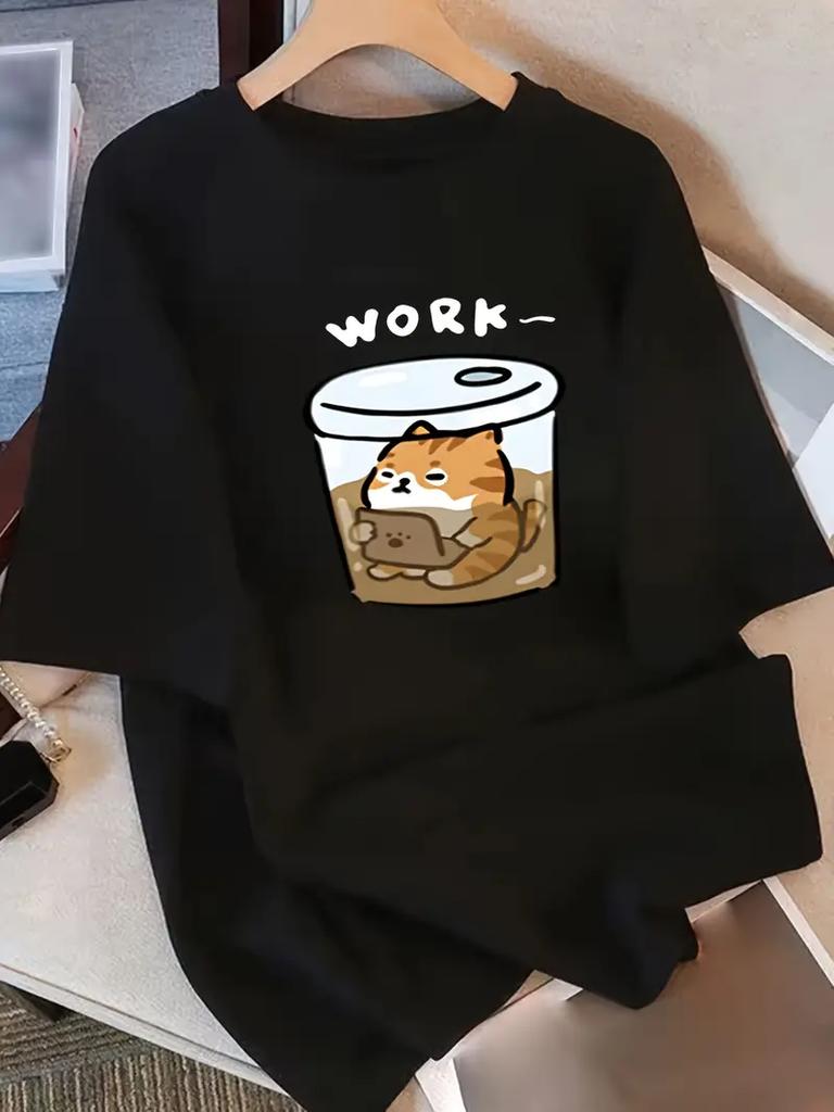 Unisexs Oversized Black Tshirt Its Ok Funny Working Cat Graphic Tee Casual Crew Neck Loose Fit Short Sleeve Top For Summer