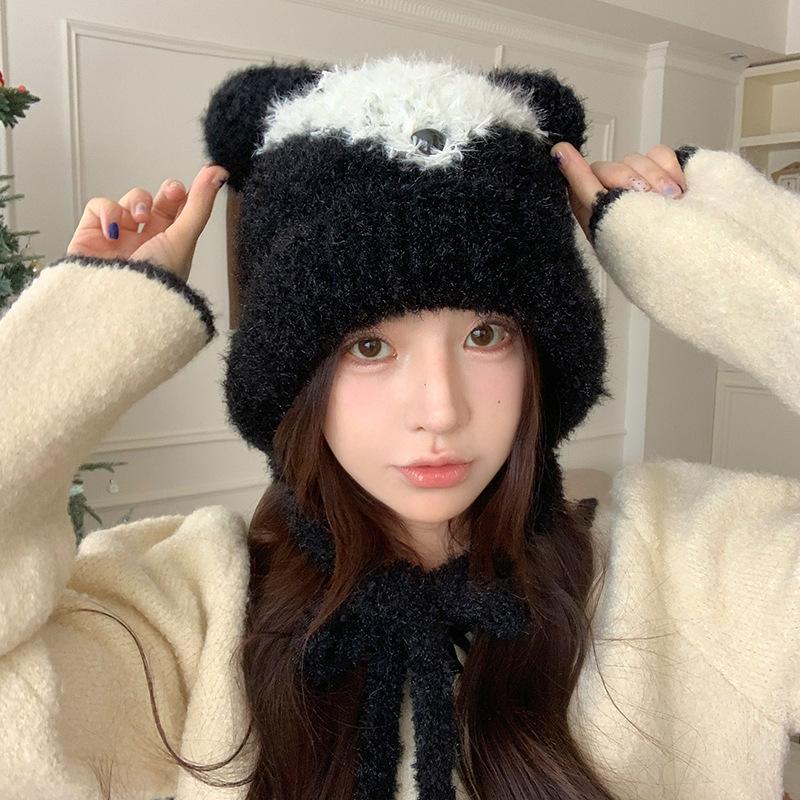 Little Bear Plush Knitted Cap for Women  Cute and Warm Japanese Style Ear Protecting Woolen Cap for Autumn and Winter Outdoor Cycling Cold Proof Cap