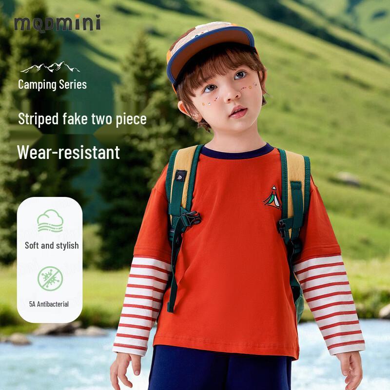 MQDMINI Футболка с длинным рукавом для мальчиков, антибактериальная, в полоску, имитация двух предметов 110cm