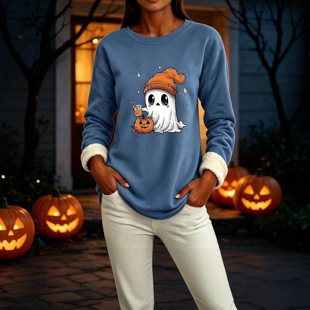 Women's Lined Long Sleeve Round Neck Halloween Print Top for Winter Casual Wear