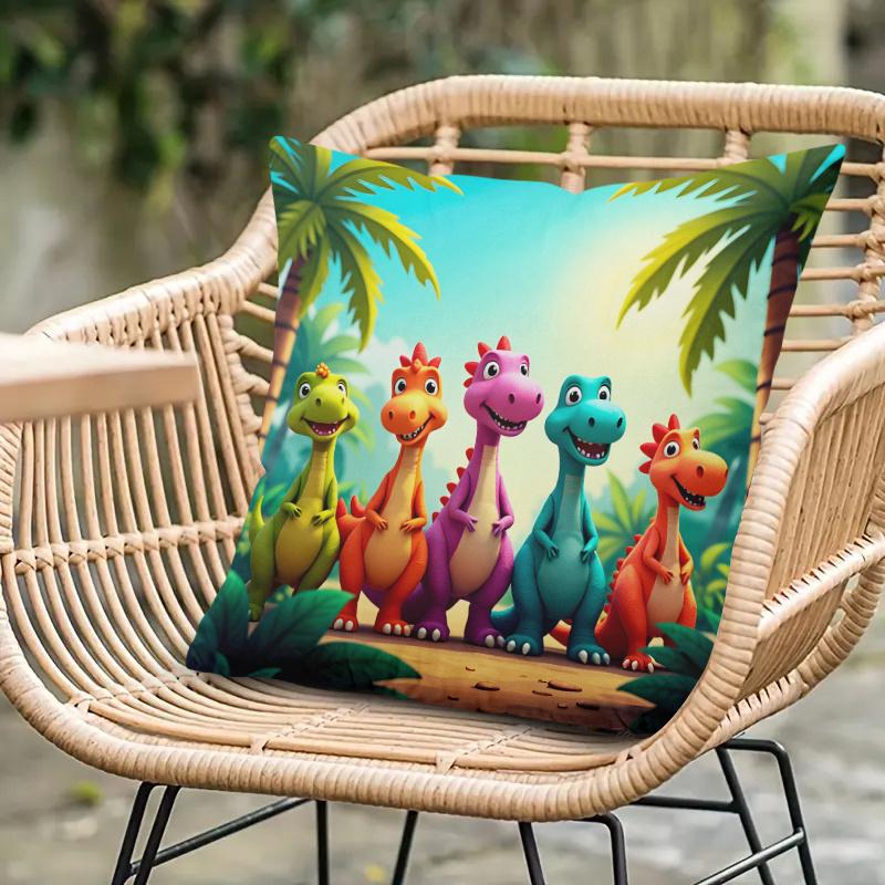 1Pc Cartoon Dinosaur Family Print Throw Pillow Cover,Suitable For Sofa,Bedroom,Kids Room,A Playful Gift For Little Dino Lovers
