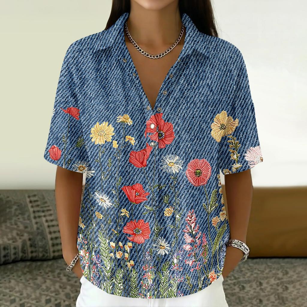 Women's Vintage Floral Print Short Sleeve T Shirt Loose Fit Button Down Polo Collar Linen Blend Casual Top