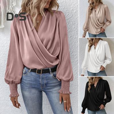 Holiday Casual Chic Shirt Women's Elegant V Neck Lantern Sleeve Soft Stylish Commuter Party Solid Color Top