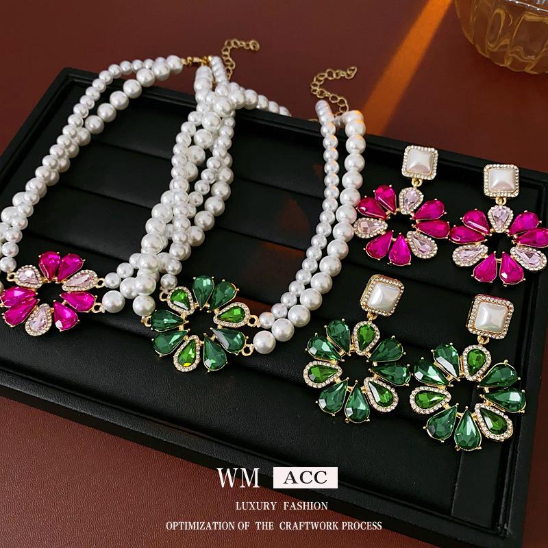 Silver Needle Diamond Flower Pearl Earrings & Necklace Set, Fashion Clavicle Chain, Luxurious Multi-layer Jewelry.