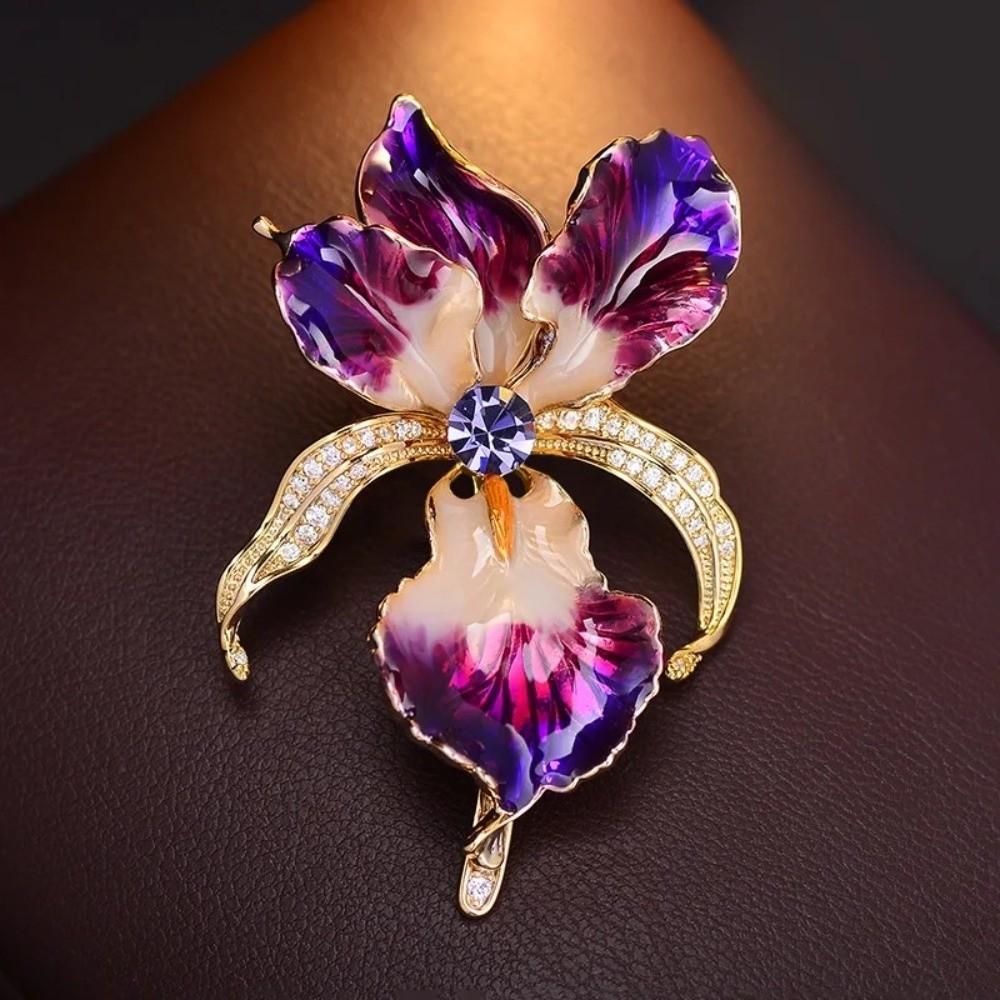 Rhinestone Enamel Lapel Pin Sparkling Plants Badge Vintage Iris Flower Brooch  Suit