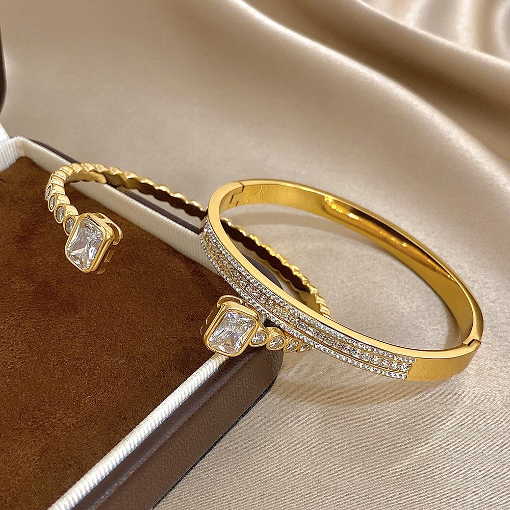 New Stainless Steel Waterproof Cuff Bracelet Bangle for Women Exquisite Shiny Inlaid Zircon Geometric Stacked Jewelry Gifts