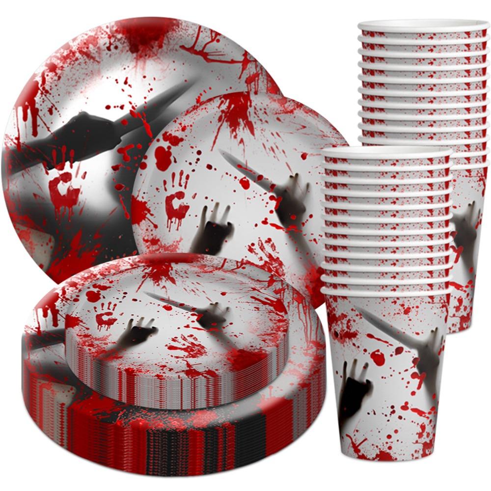 10Pcs Cup Plate Bloodstain Paper Plate Cup Set Haunted House Props Happy Halloween