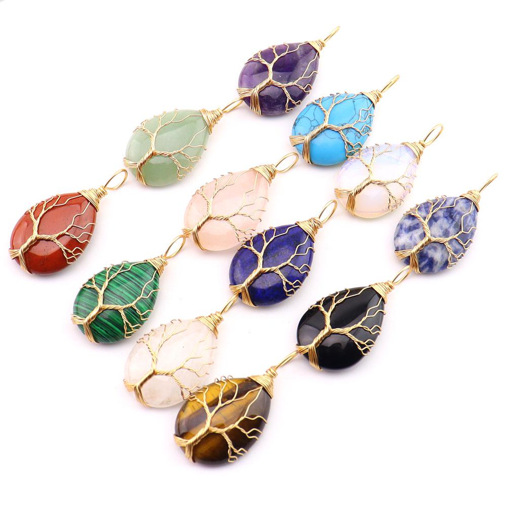 Natural Stone Agate Water Drop Tree of Life Pendant Necklace N781