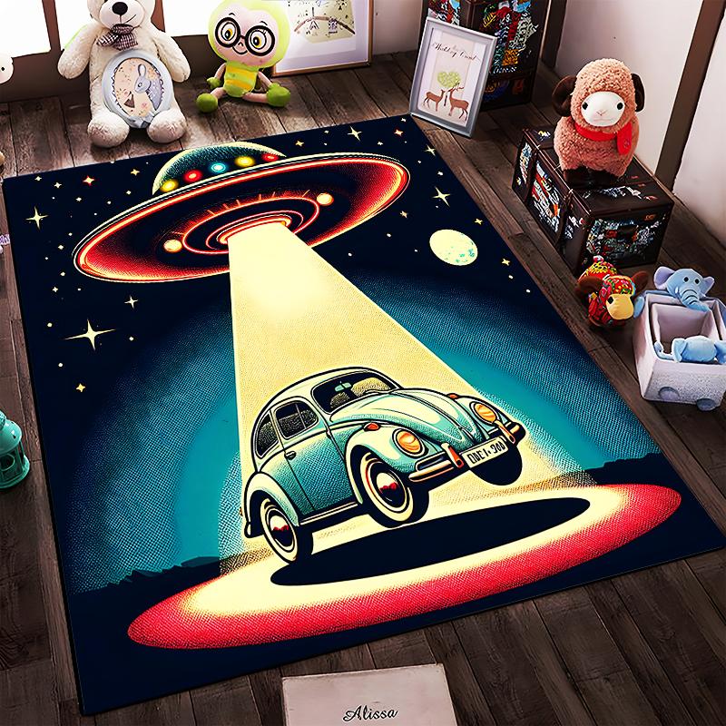 Vintage UFO Alien Abduction Scene Carpet with Retro Car Design Suitable for Use As an Anti-slip for Living Room Bedroom Sofas