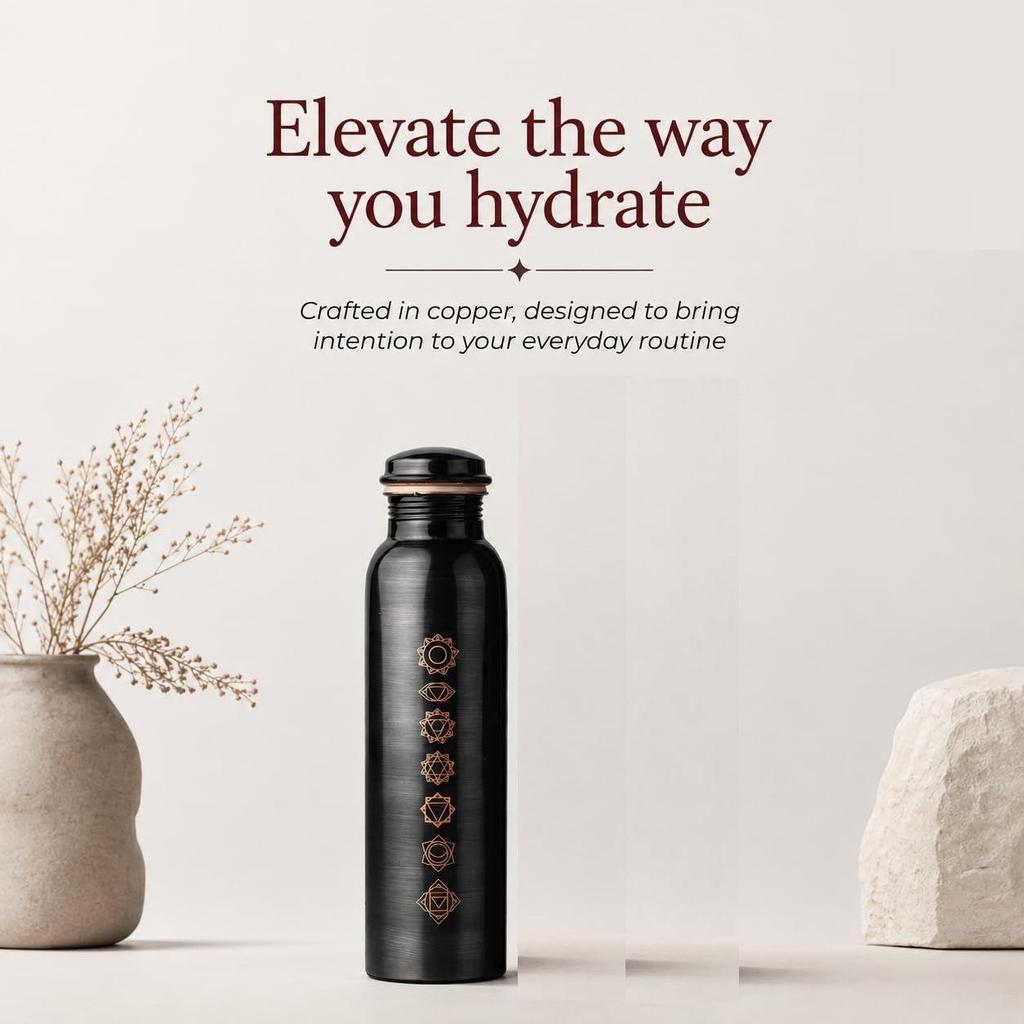 Pure Copper Water Bottle 1 Litre with Sacred (7 Chakras) Geometry Design | BPA Free & Leak Proof