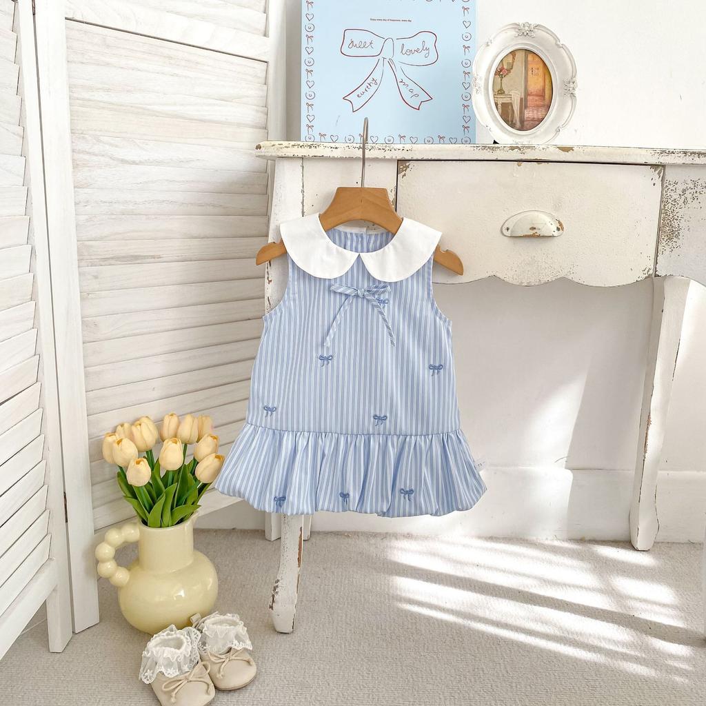 Summer Girls Striped Sleeveless Dress College Bowknot Embroidered Bubble Vest Dress For Baby Toddler