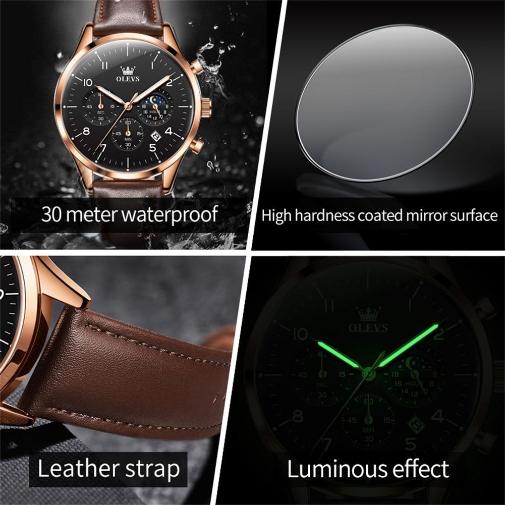 OLEVS Brand Fashion Multifunction Moon Phase Quartz Watch for Men Leather Waterproof Luminous Calendar 24 Hours Mens Watches