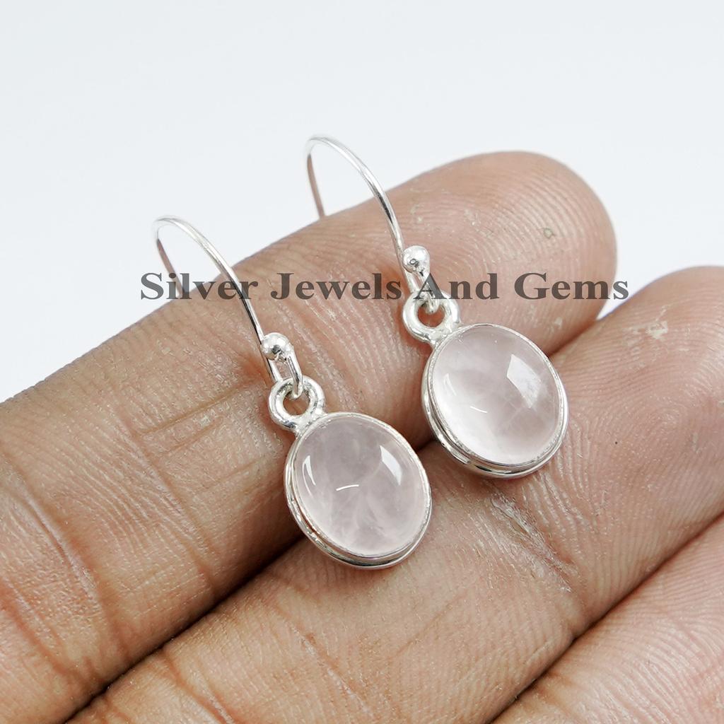 Handmade Oval Rose Quartz Earring, 925 Sterling Silver Earrings: Capricorn Birthstone