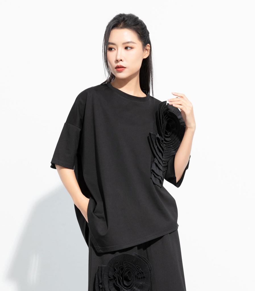 Morino 3D Floral Short Sleeve with Asymmetrical Drop Loose and Unique for Spring and Summer Women's T-Shirt Shoulder, Fit, Stylish, (Black)