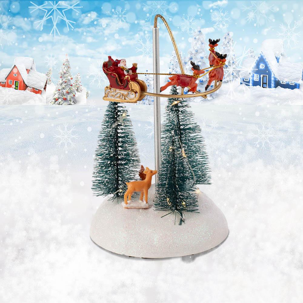 Animated Christmas Village Flying Sleigh with Rotating Santa Figurines Musical Light-Up Holiday Decorations Accessory