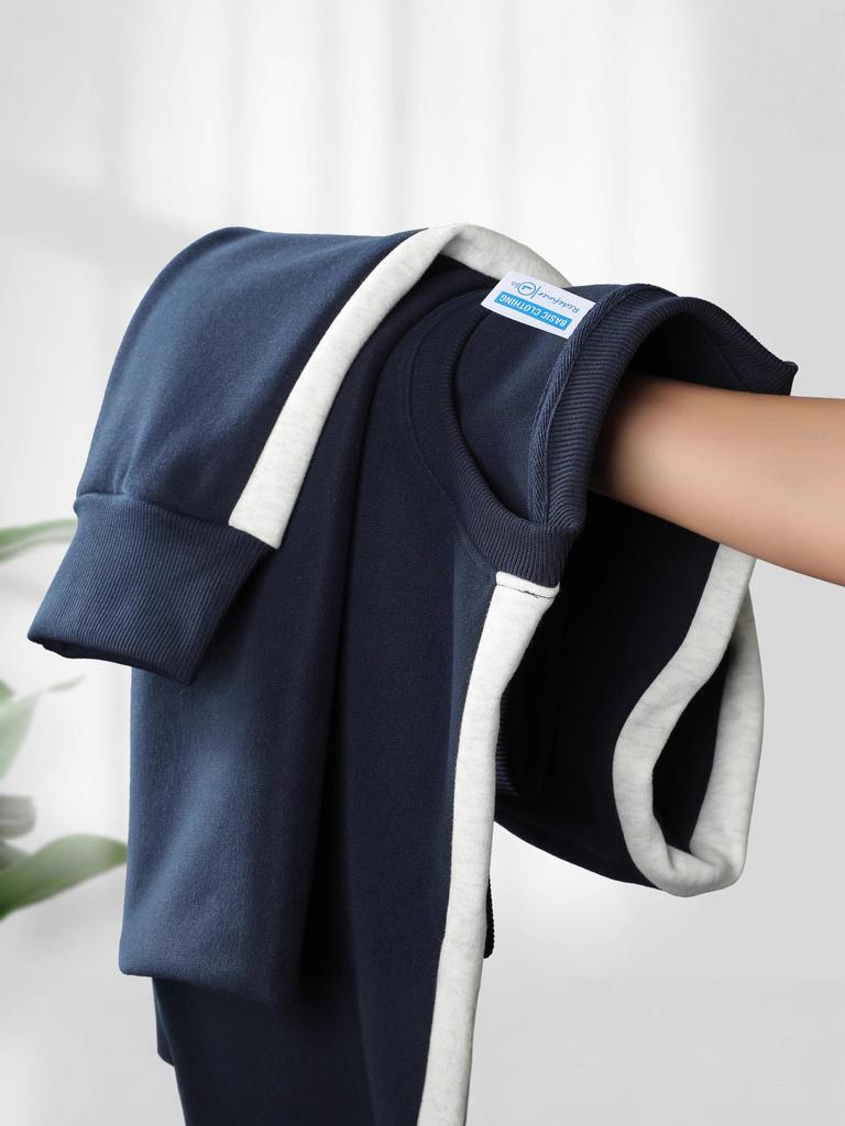 Unisex Trendig Färgblockad Huvtröja med Ränder: Avslappnad Rund Hals, Lång Ärm, Perfekt för Par och Vardagsbruk