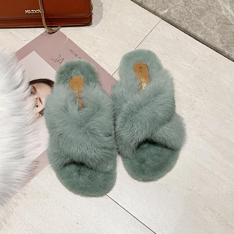Fashion 3-Style Cross band mink fur slippers women cozy flat winter plush ladies shoes velvet pantuflas 2025 knitted furry slides 35-40