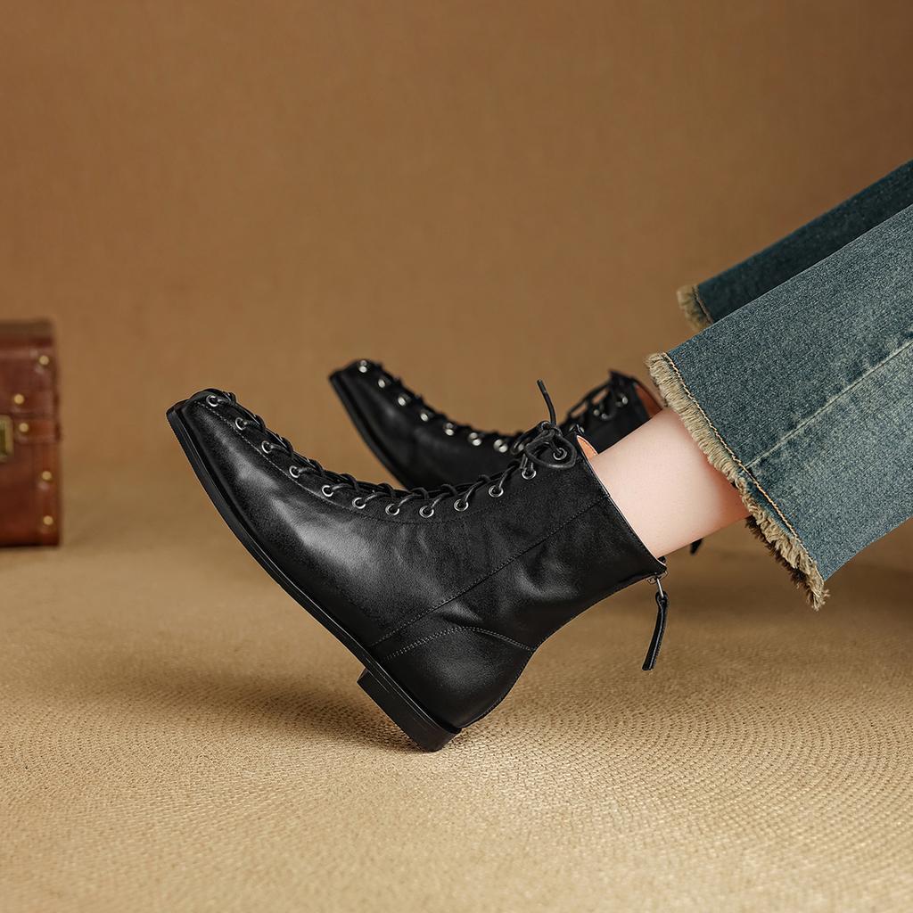 Fashion 2025 New Autumn Women Boots Genuine Leather Women Shoes Square Toe Low Heel Chelsea Modern Boots Zipper Short Boots Mid-calf