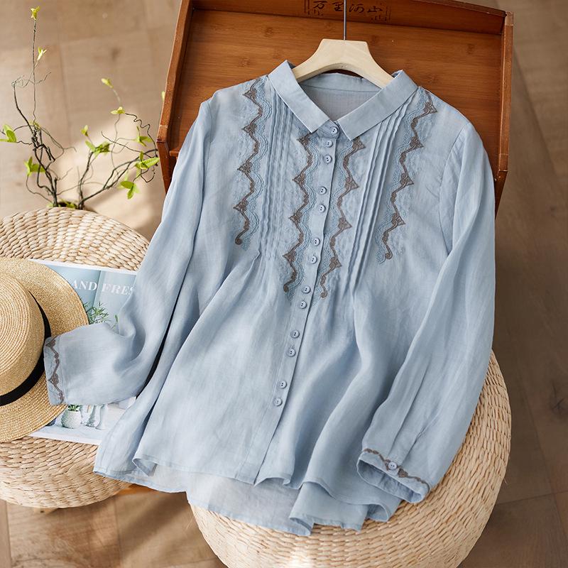 Women s Artistic Retro Embroidered Cotton Linen Shirt - Loose Casual Spring 2026 L