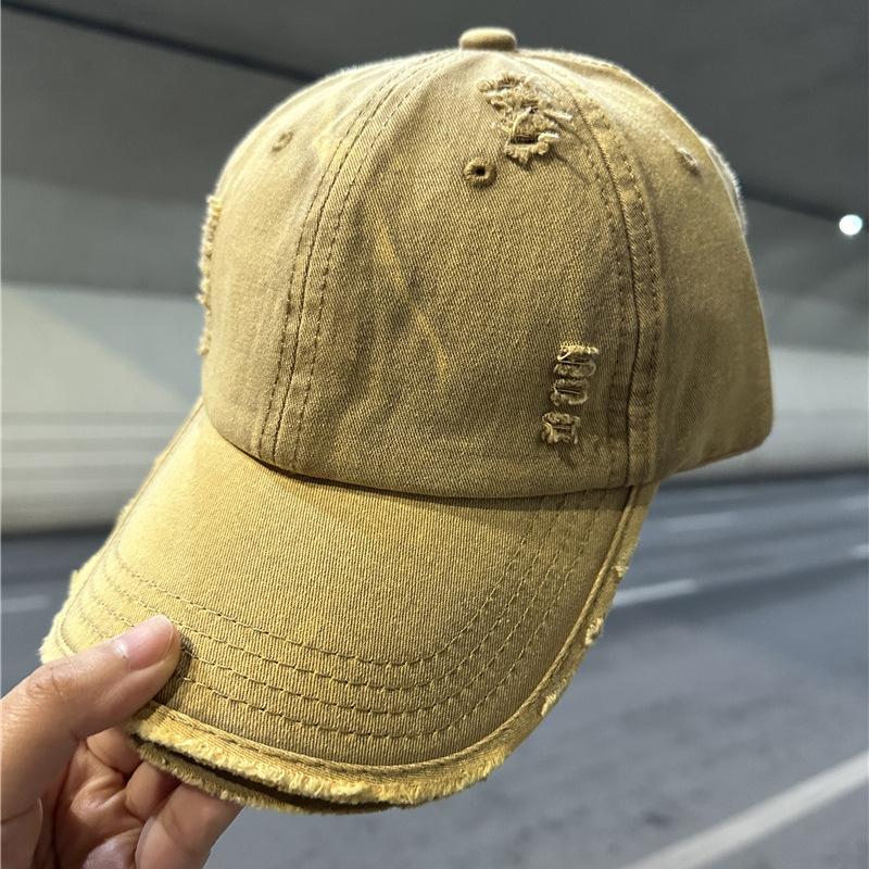 Neue alte Waschen Denim Baseballkappe Zerrissen Retro Baseballkappe Herren und Damen Randiger Sonnenhut Vielseitig Adjustable beige